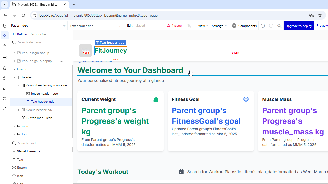 Bubble.io visual editor showing design and workflow tabs