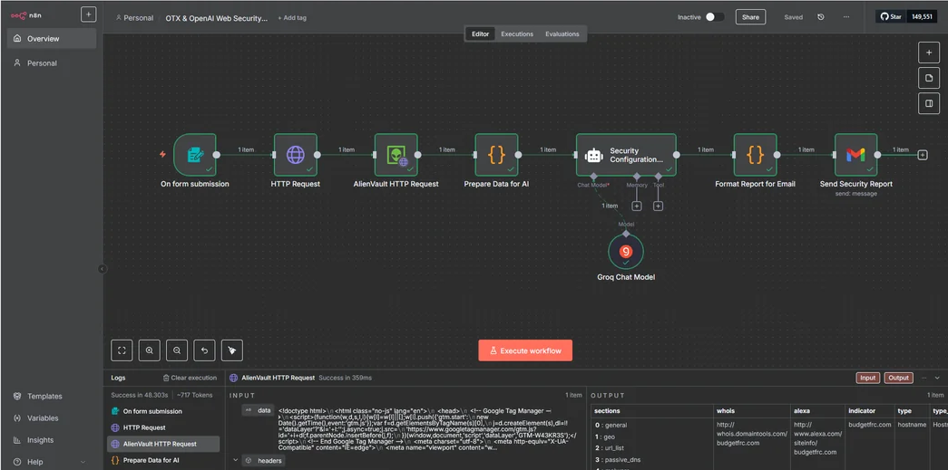 n8n workflow editor showing nodes and connections